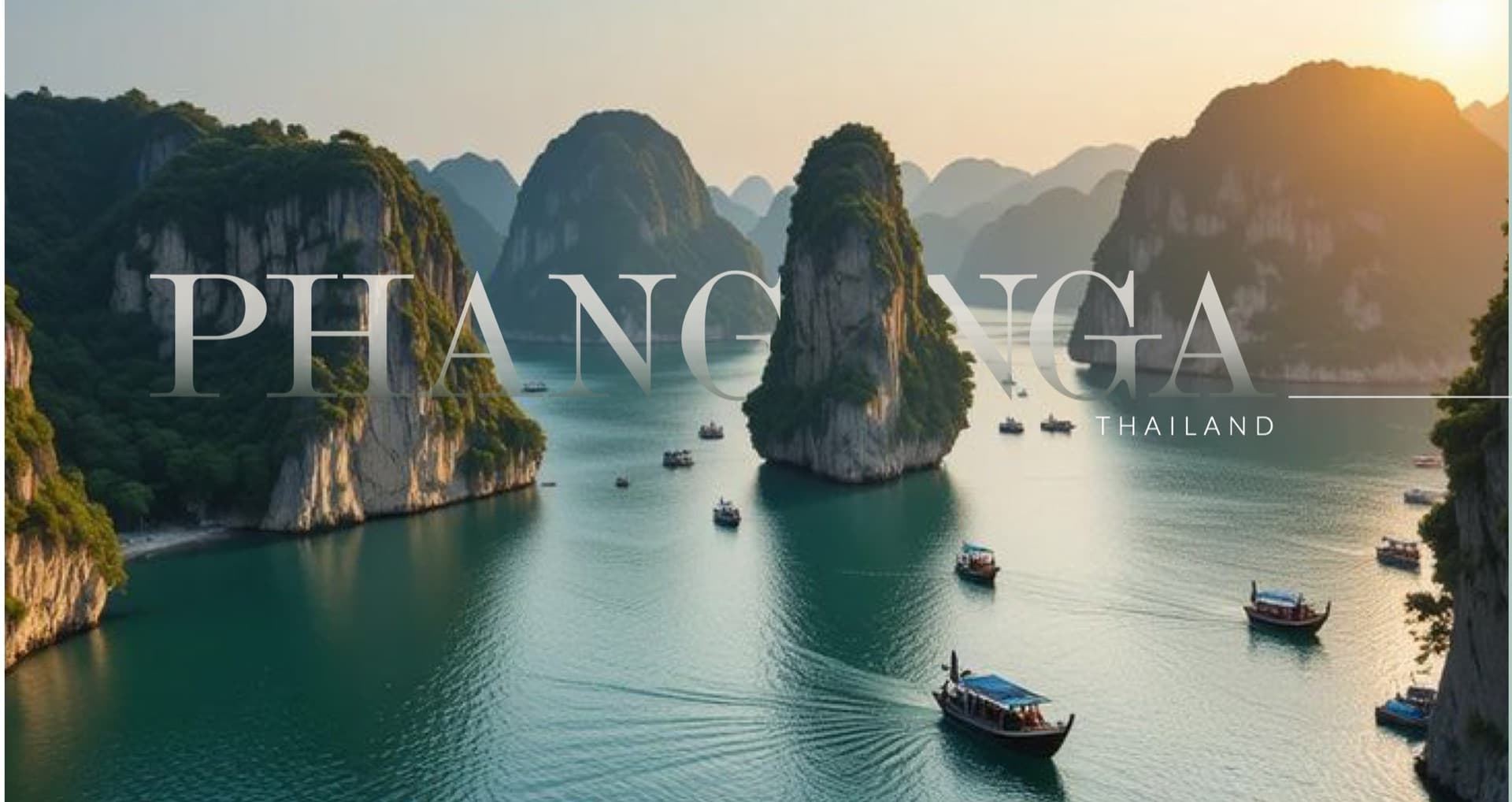 Phang Nga, Thailand — limestone karsts and longtail boats in the bay at sunrise