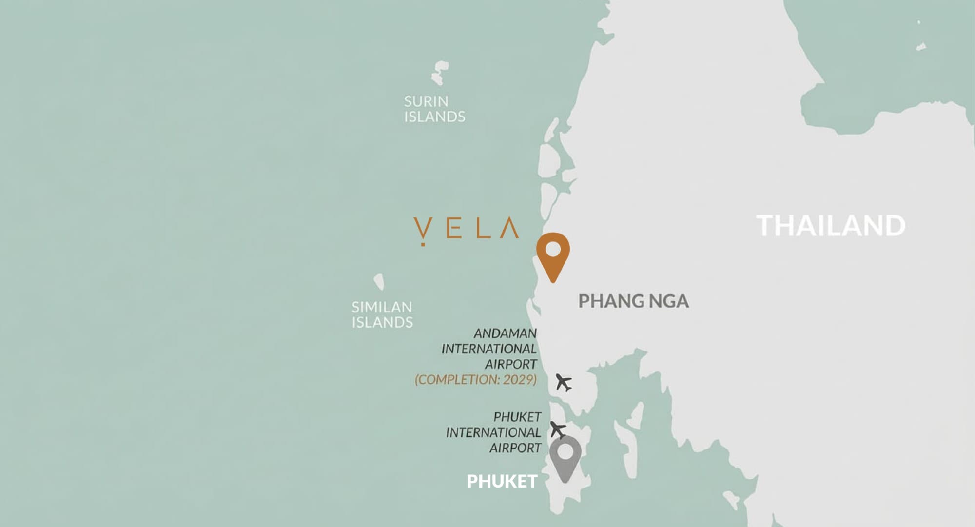 Map of the Andaman coast showing VELA in Phang Nga, north of Phuket, Thailand