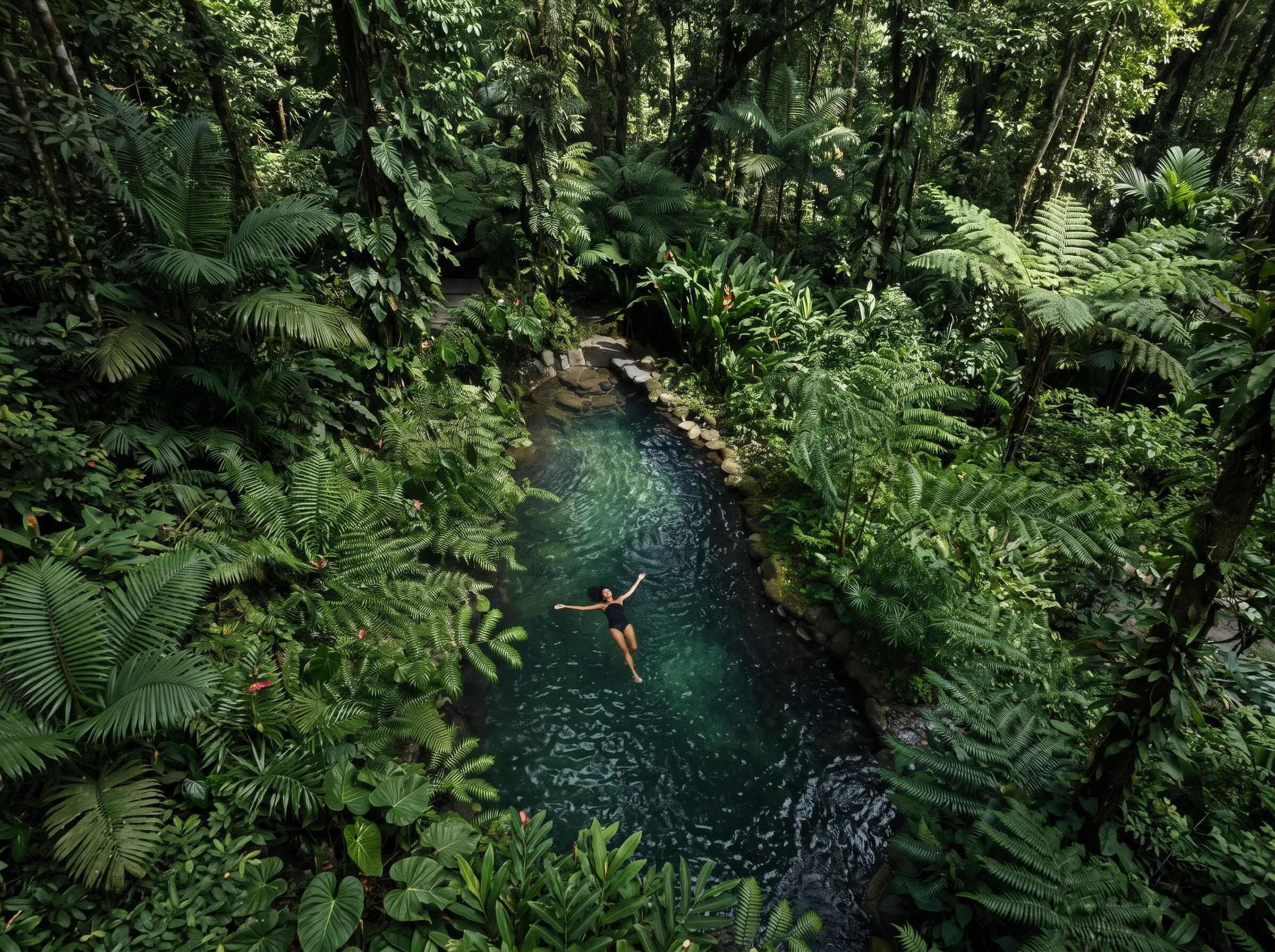 Aerial view of a woman floating in a jungle pool surrounded by tropical ferns