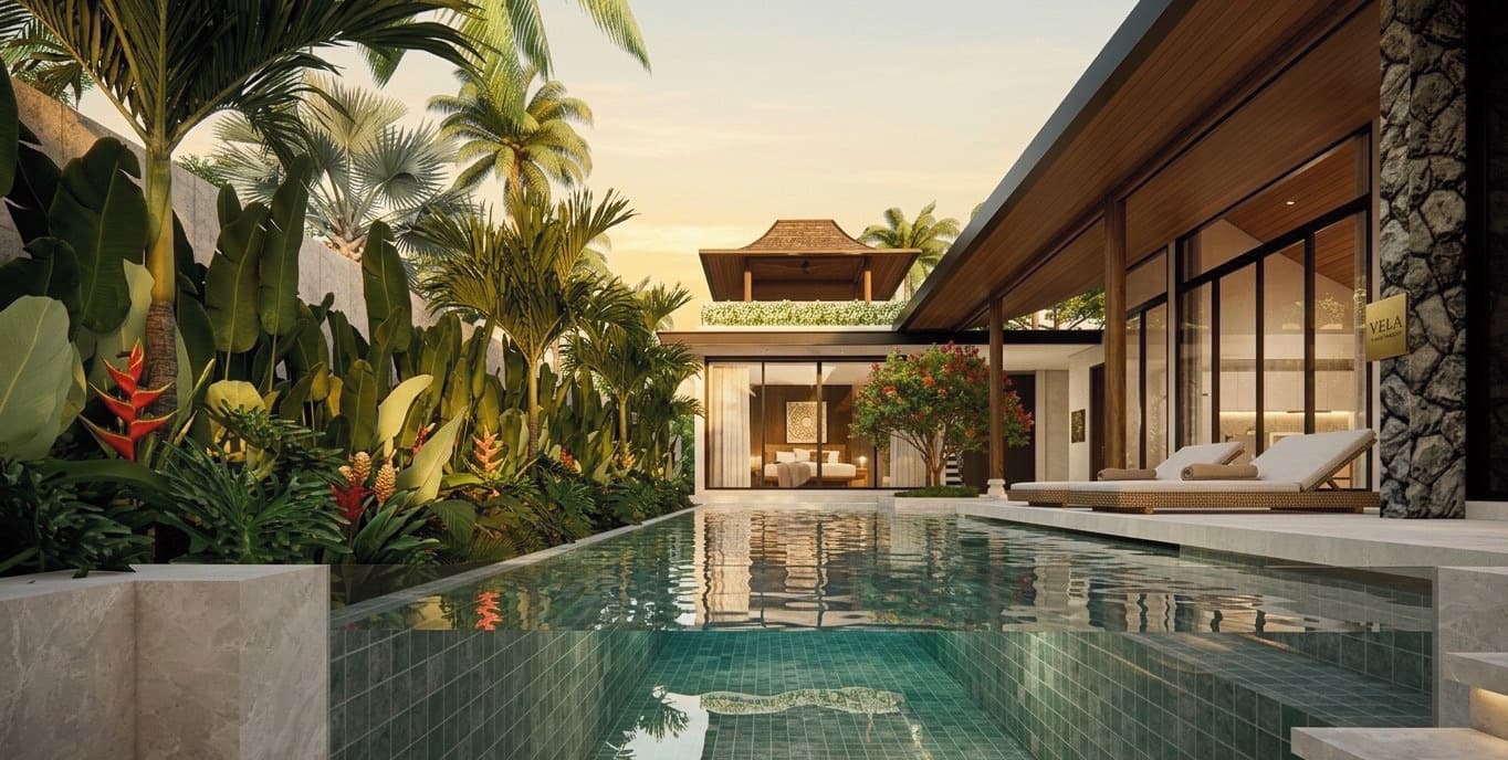 A private pool villa with a Thai pavilion roof, framed by tropical planting at dusk