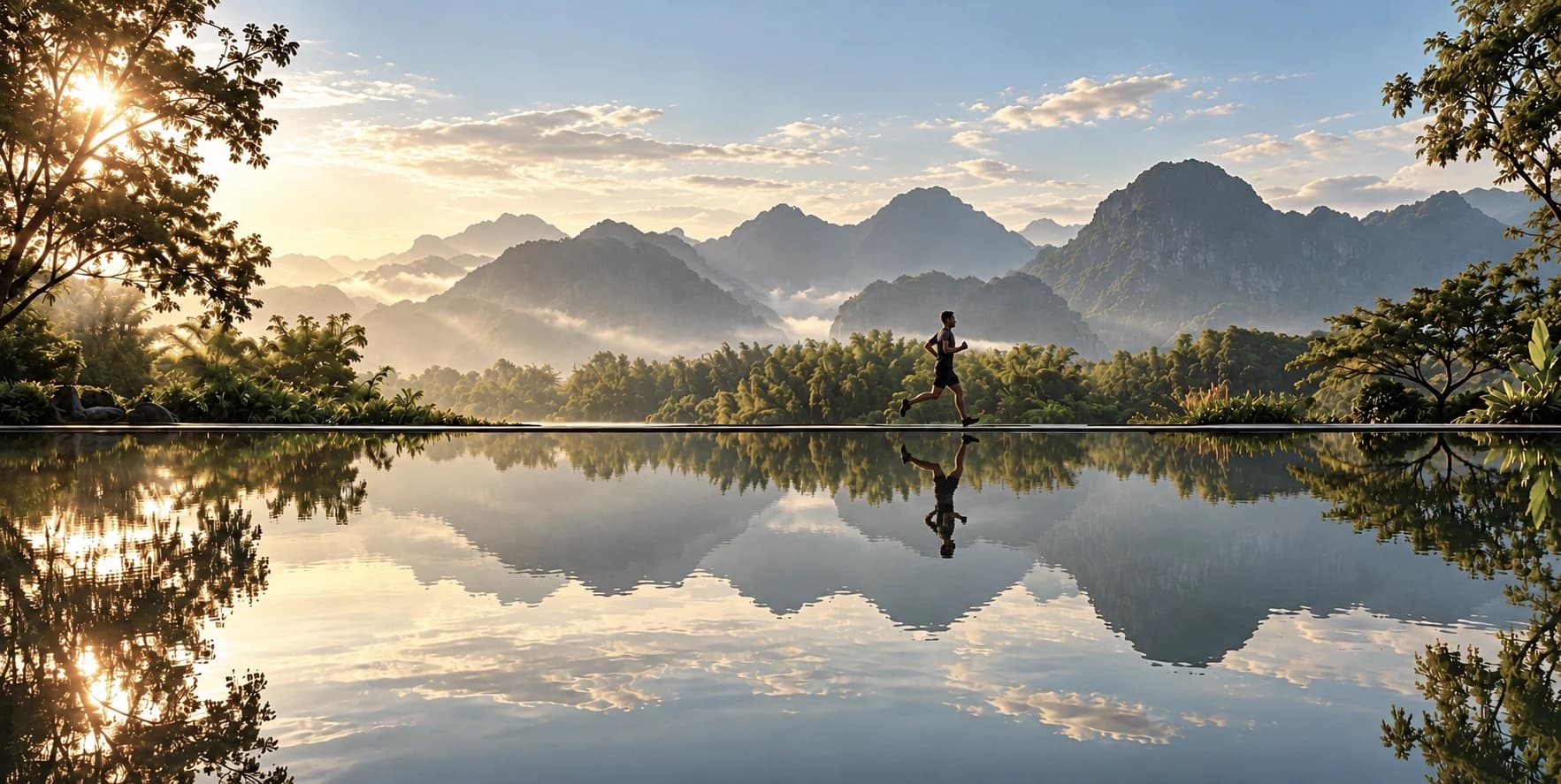 Runner on a lakeside trail at sunrise with mountains reflected in the water