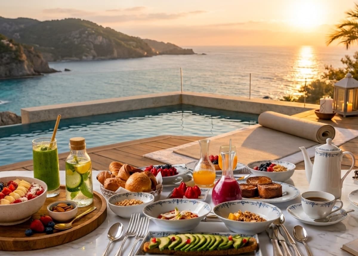 Breakfast laid out on a poolside table