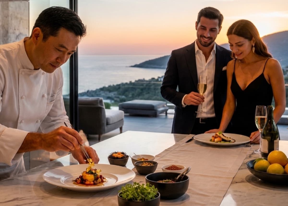 A private chef plating dinner for guests