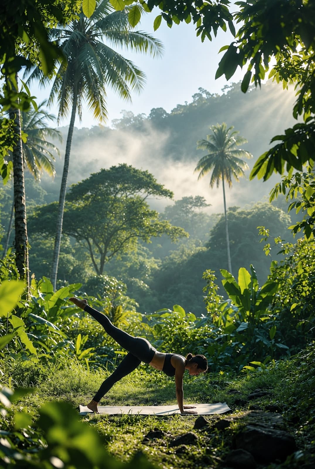 Yoga practice on a deck surrounded by rainforest