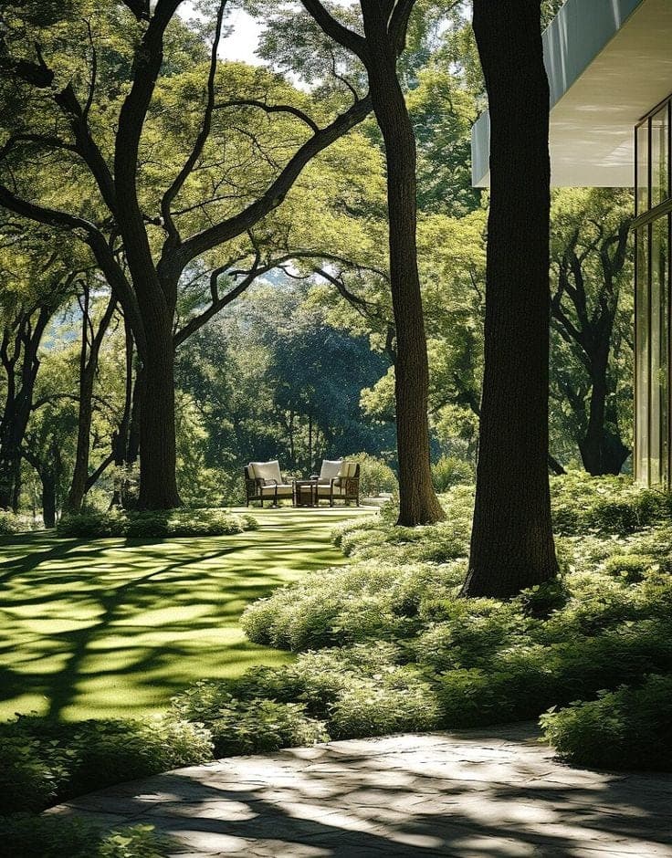 Tall trees and dappled light across a quiet lawn