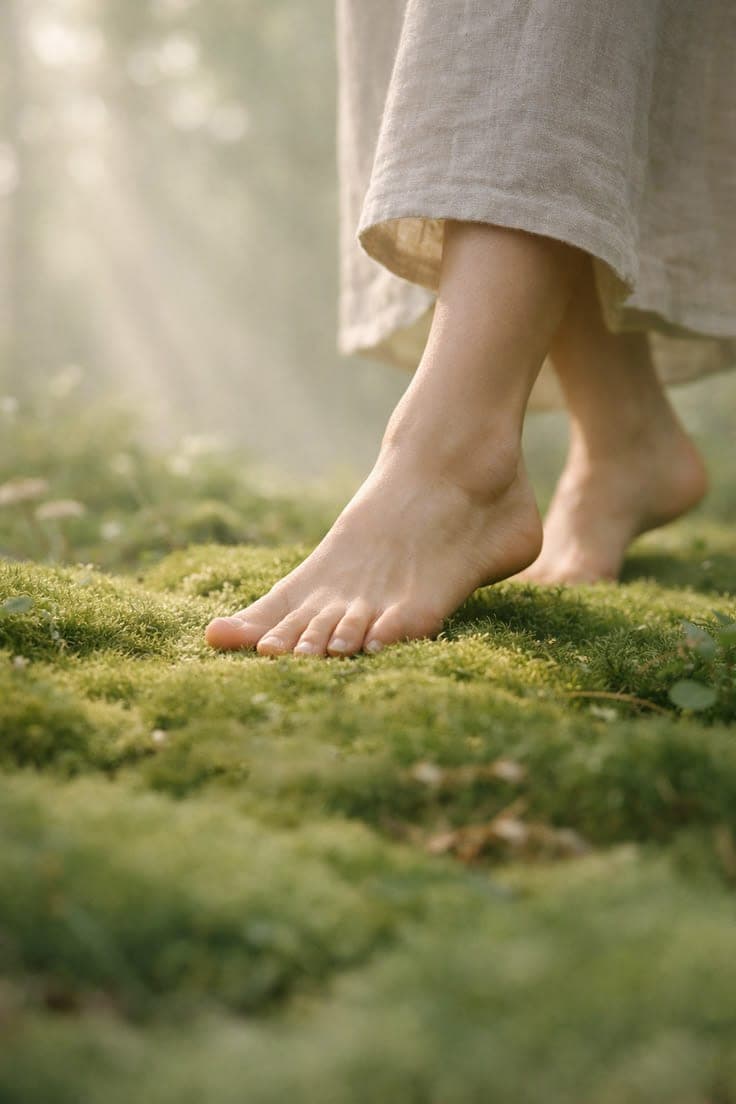 Bare feet stepping on soft moss in morning light