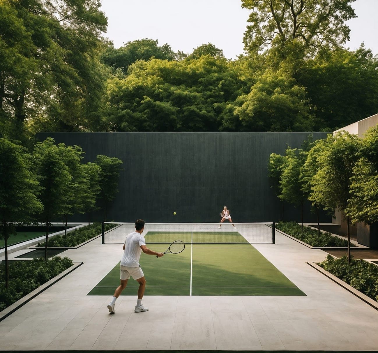 A tennis court framed by tall trees