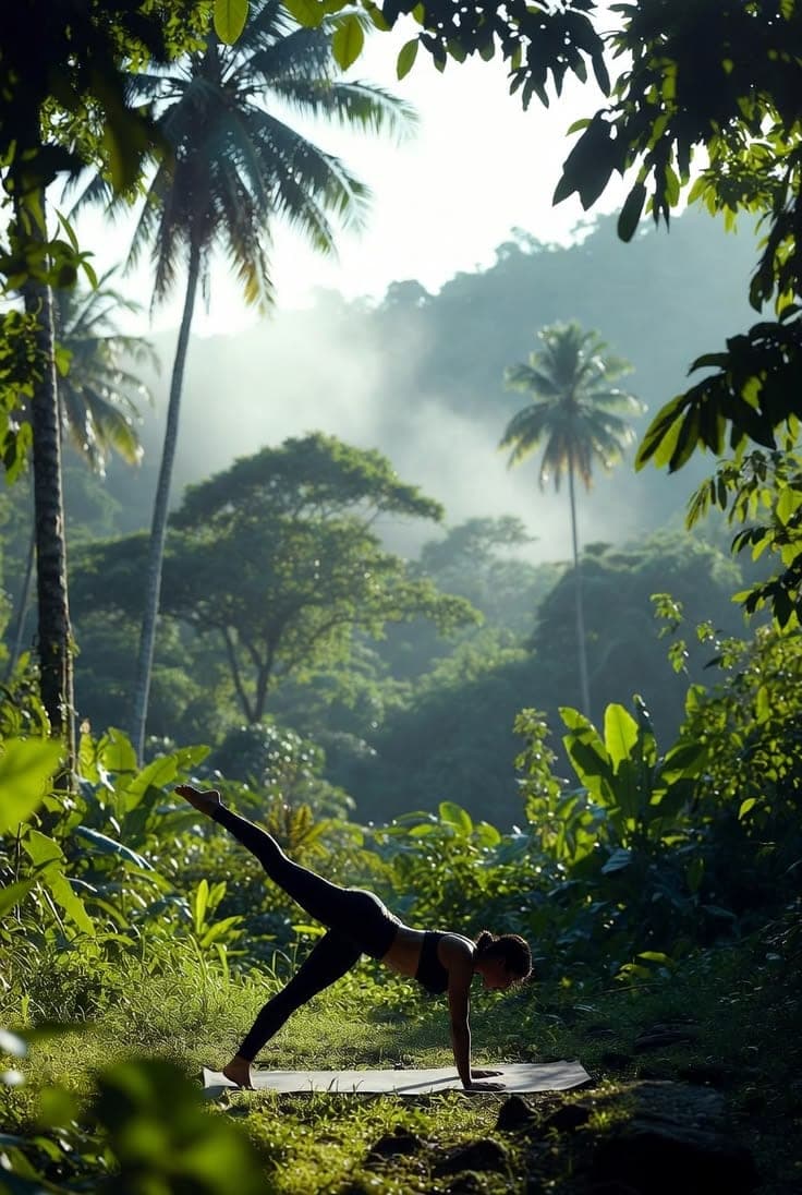 Yoga practice on a forest ridge at dawn