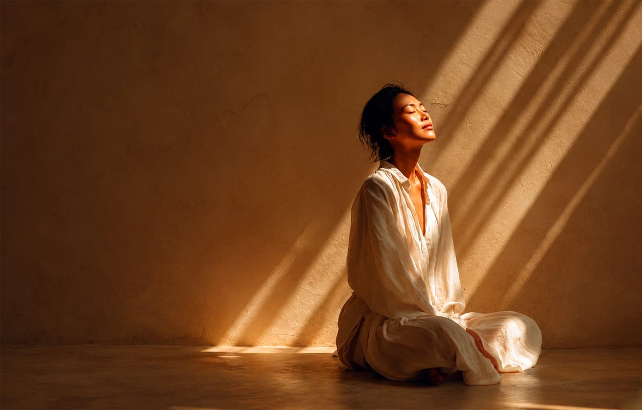 A woman resting with eyes closed in warm afternoon light