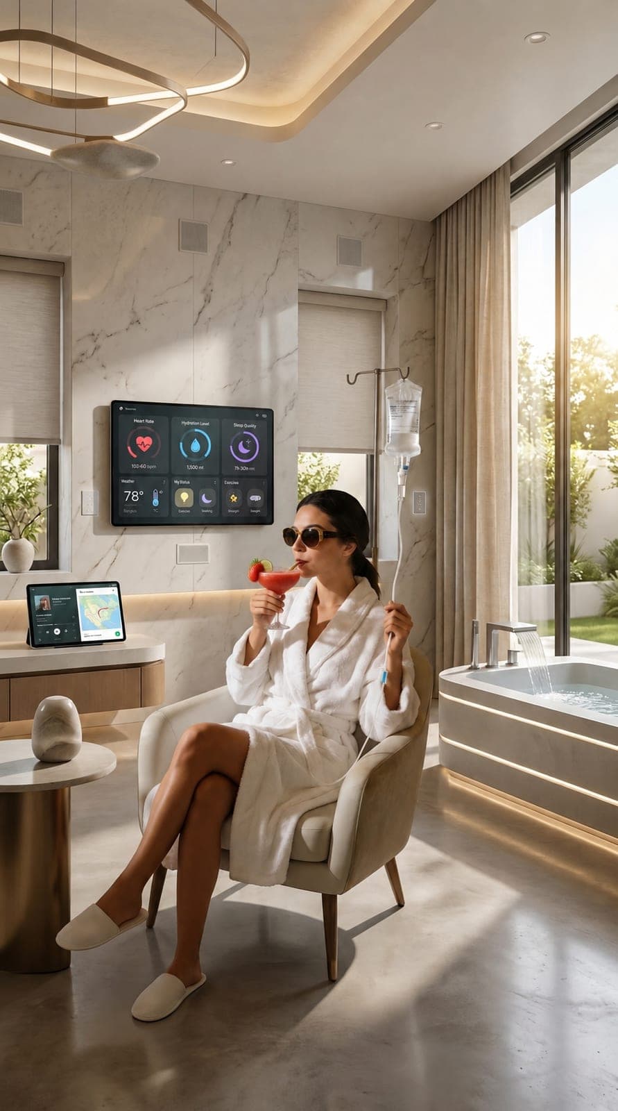 A woman relaxing in a bright room with a slim display on the wall