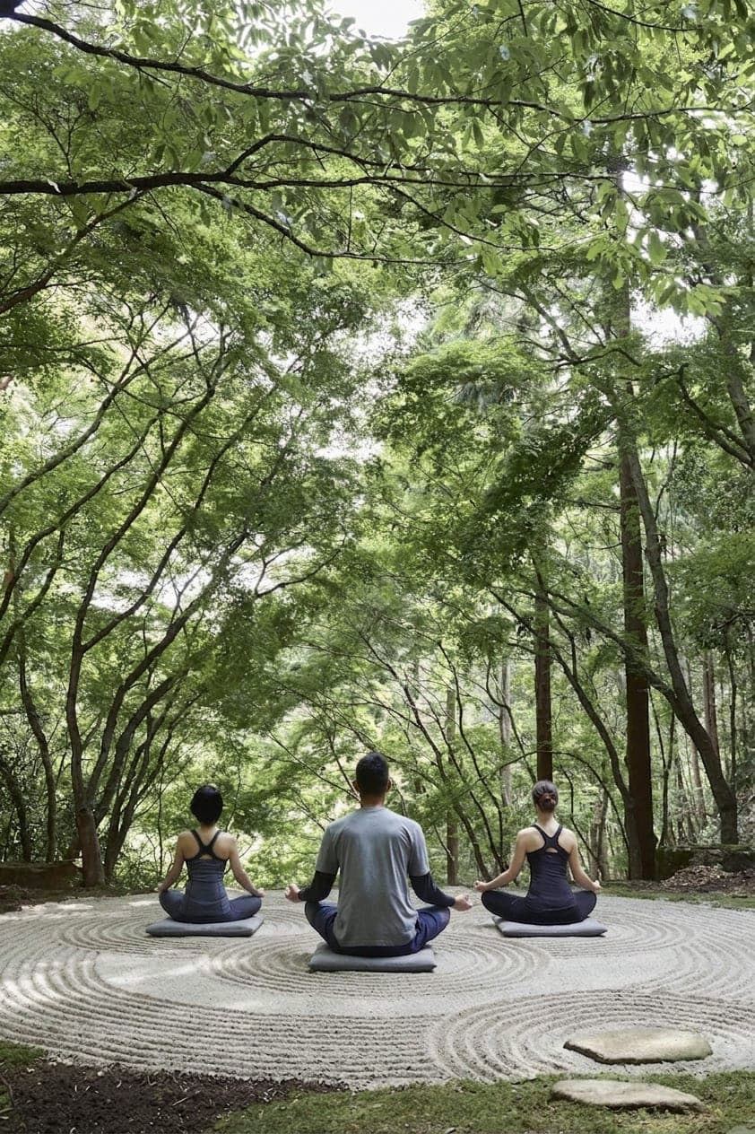 Three people meditating together in a forest clearing