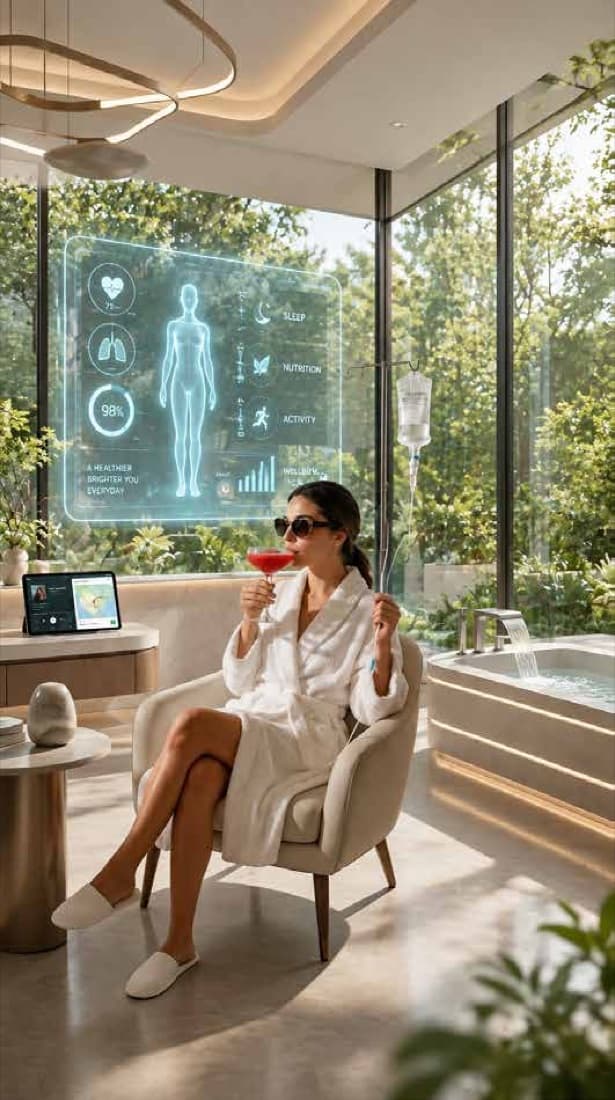 A guest in a white robe resting in a lounge chair beside tall windows