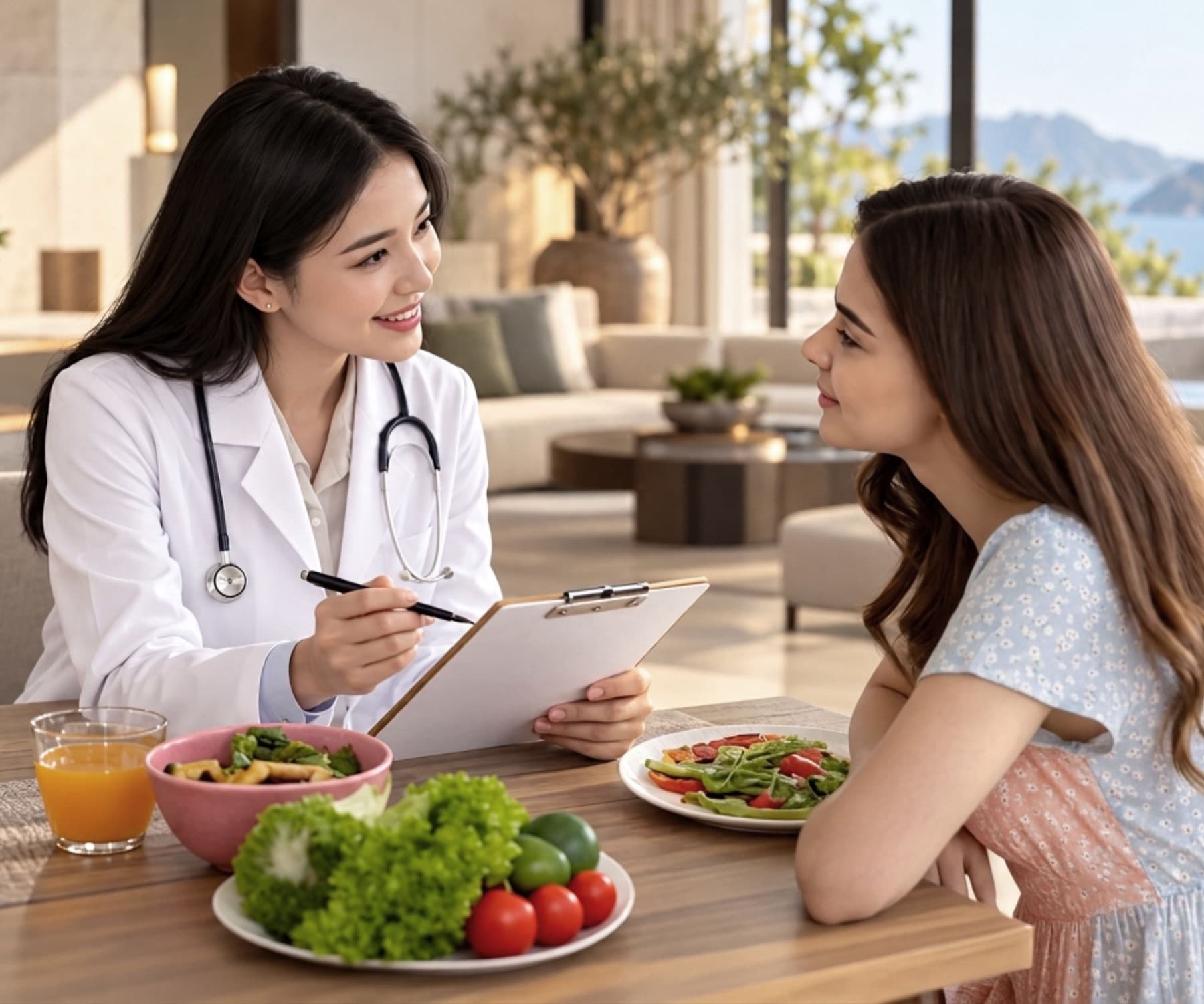 A physician going over a nutrition plan with a guest at a table of fresh salads