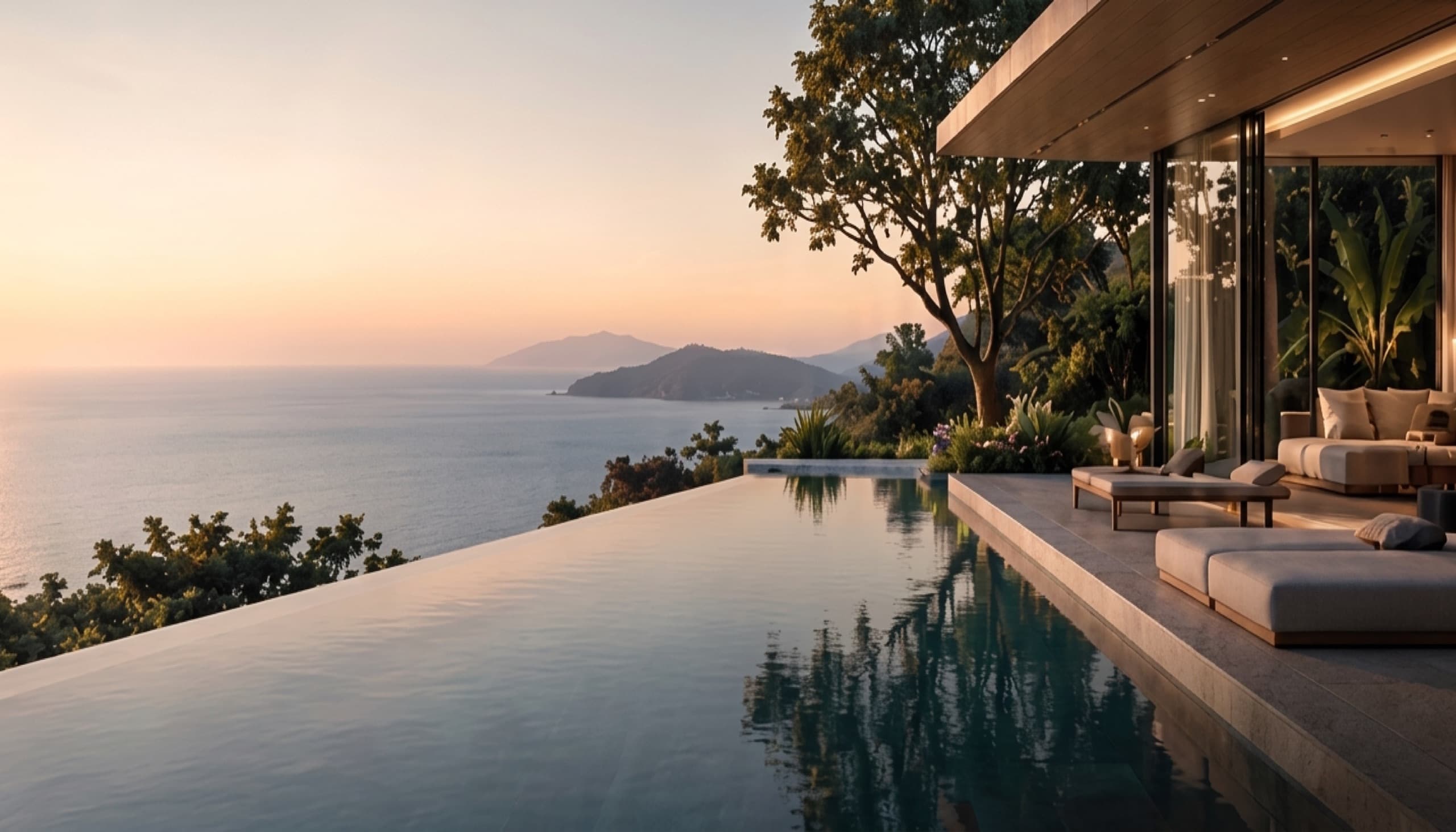 An infinity-edge pool and terrace at sunset