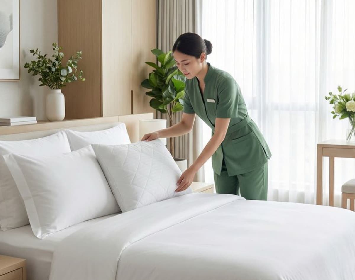 Housekeeping preparing a villa bedroom